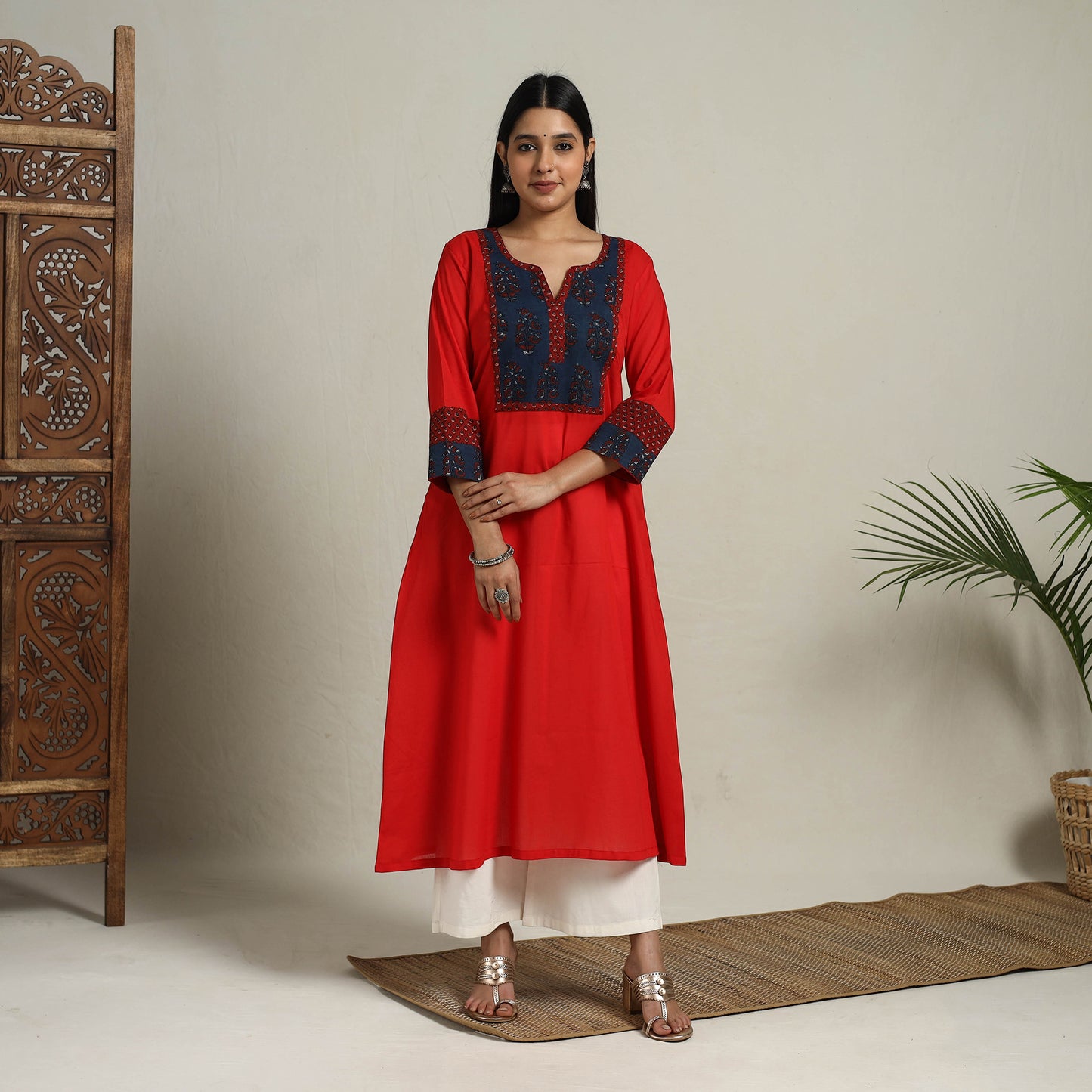 Buy Red Block Print Mosaic Fusion A-Line Plain Cotton Kurta