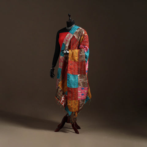 Bengal Hand Embroidery Patchwork Reversible Silk Kantha Dupatta 21