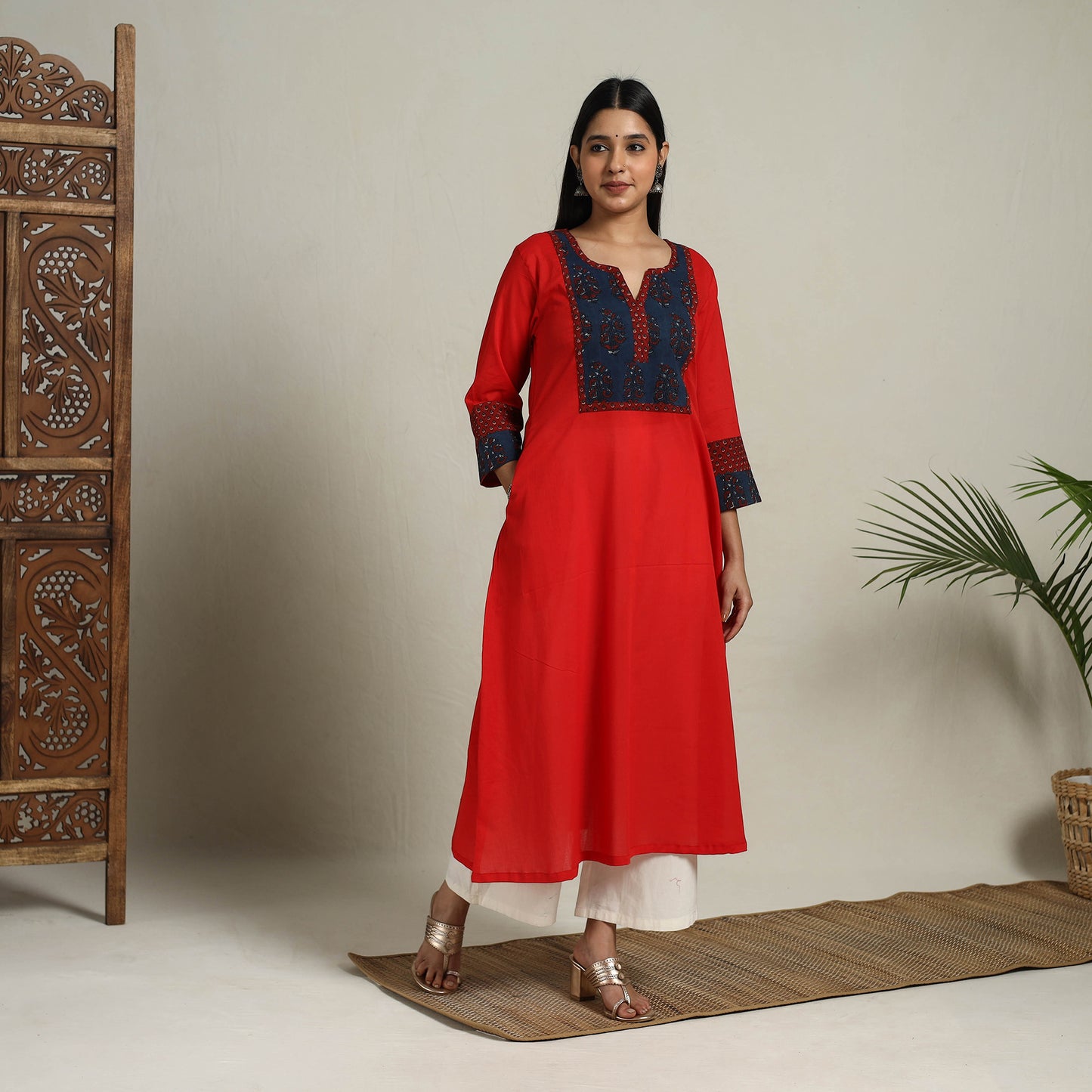 Buy Red Block Print Mosaic Fusion A-Line Plain Cotton Kurta