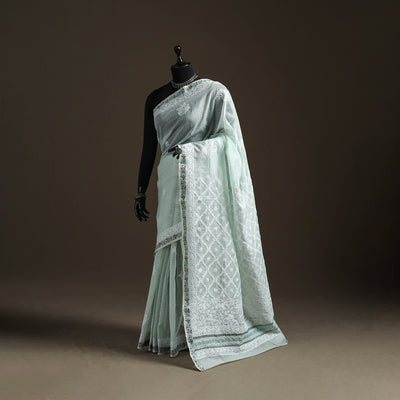 Hand Embroidered Kota Doria Cotton Lucknowi Chikankari Saree with Border 14