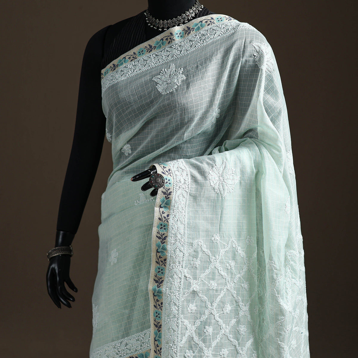 Hand Embroidered Kota Doria Cotton Lucknowi Chikankari Saree with Border 14