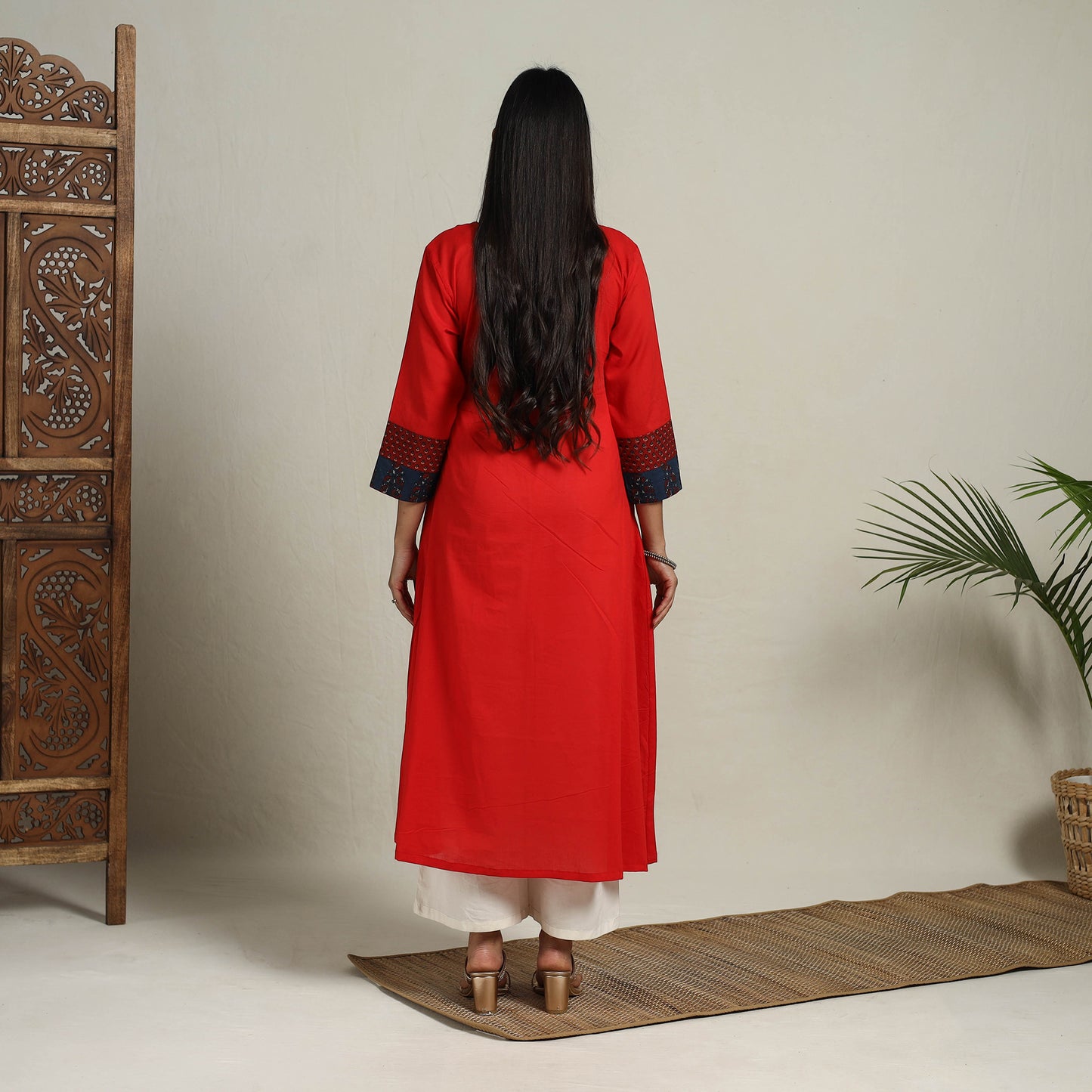 Buy Red Block Print Mosaic Fusion A-Line Plain Cotton Kurta
