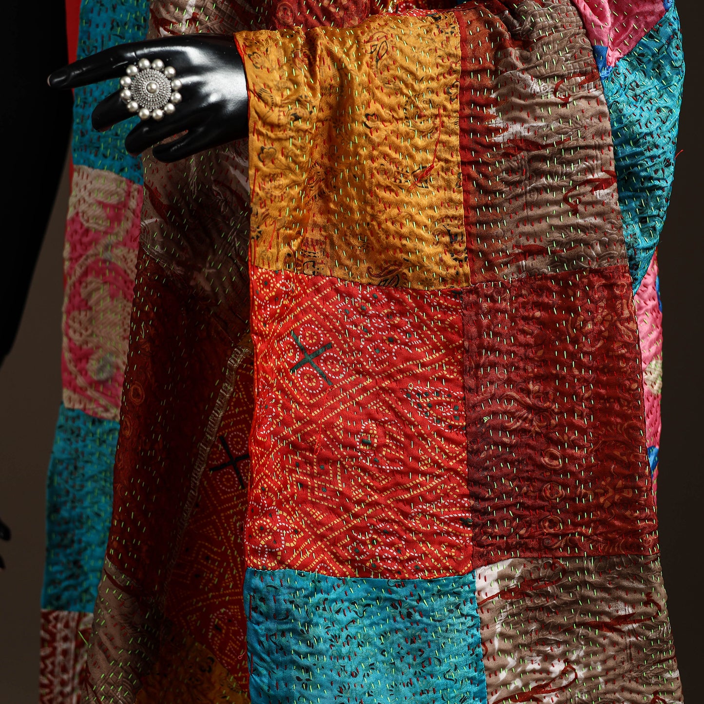 Multicolor - Bengal Hand Embroidery Patchwork Reversible Silk Kantha Dupatta 21