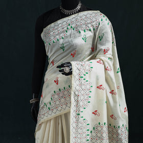 White - Bengal Hand Embroidery Silk Nakshi Kantha Saree 29