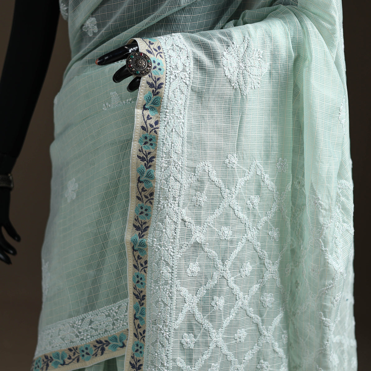 Hand Embroidered Kota Doria Cotton Lucknowi Chikankari Saree with Border 14