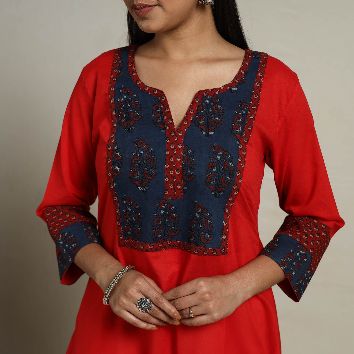 Buy Red Block Print Mosaic Fusion A-Line Plain Cotton Kurta
