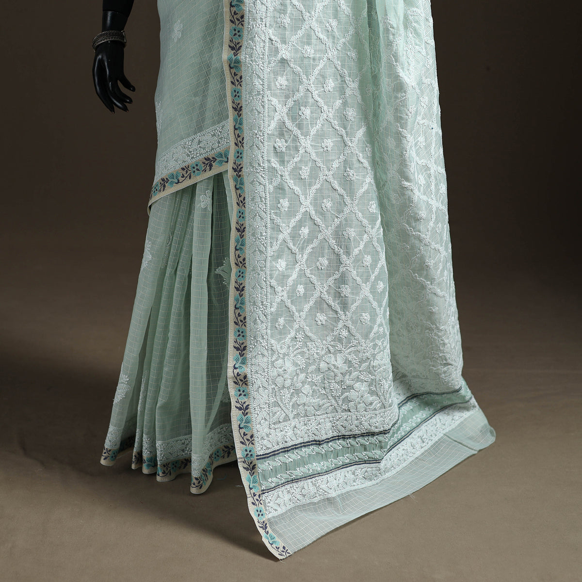 Hand Embroidered Kota Doria Cotton Lucknowi Chikankari Saree with Border 14