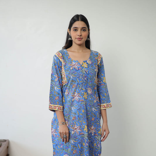 Blue - Block Print Cotton Straight Sanganeri Kurta 09