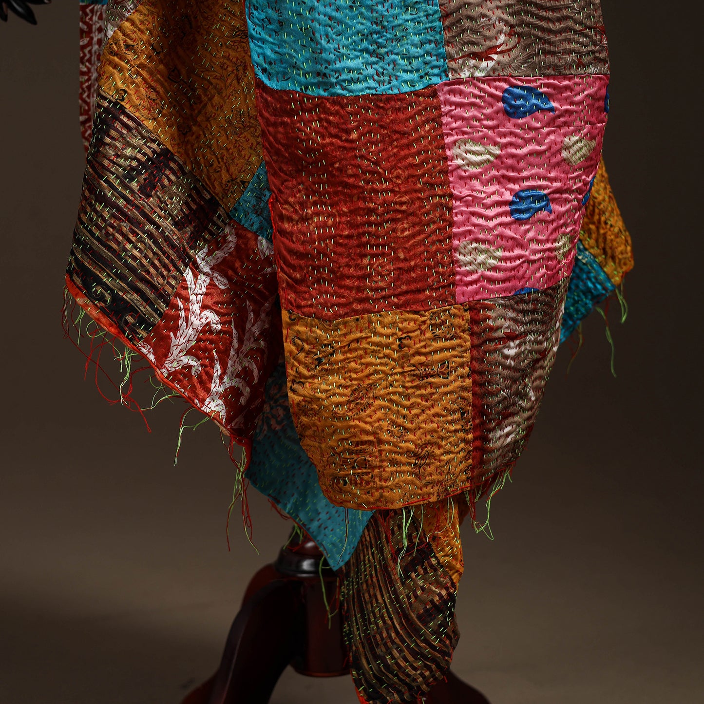 Multicolor - Bengal Hand Embroidery Patchwork Reversible Silk Kantha Dupatta 21