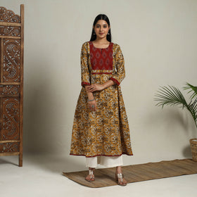 Block Print Mosaic Fusion A-Line Bagru Cotton Yellow Kurta
