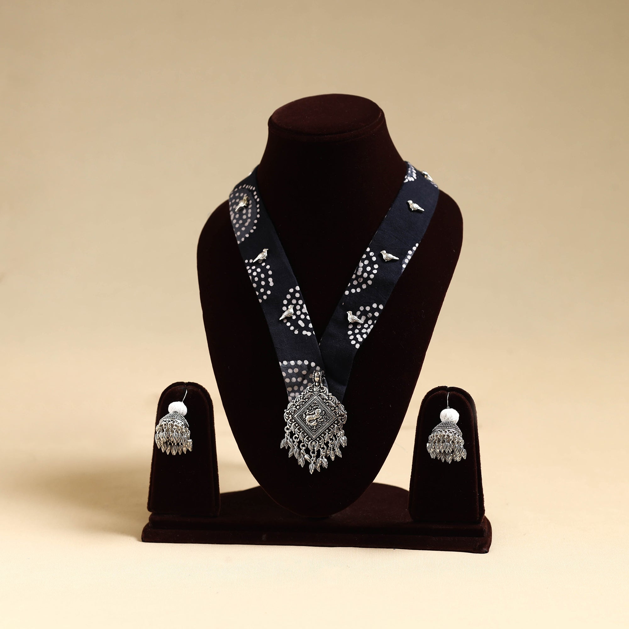 Blue - Navratri Special! Fabart German Silver Mirror Work Choker Necklace Set 03
