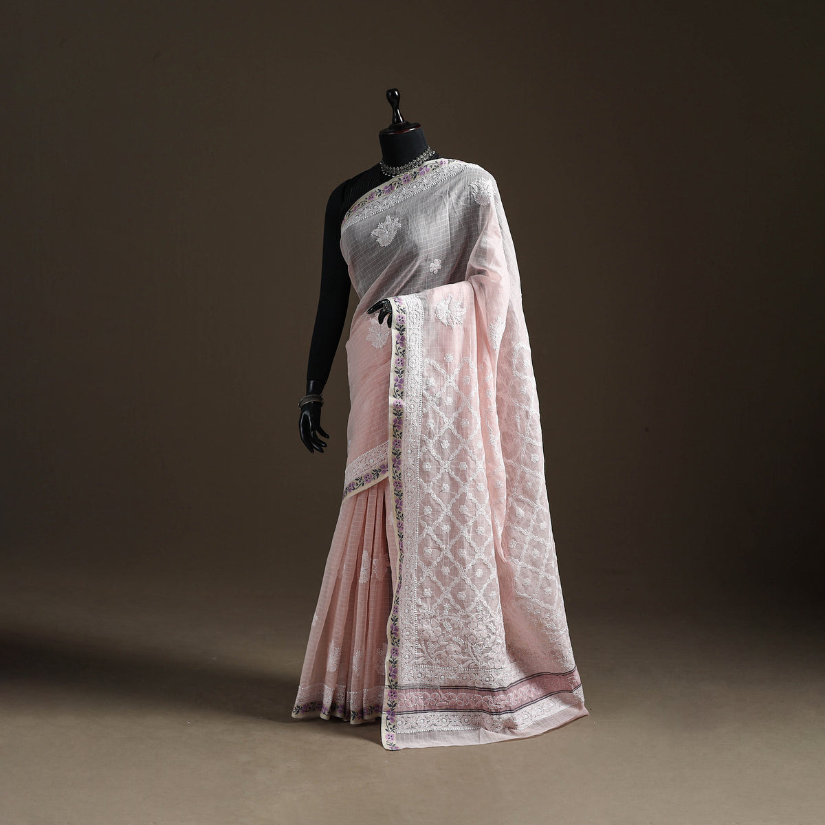 Hand Embroidered Kota Doria Cotton Lucknowi Chikankari Saree with Border 15