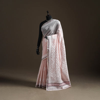 Hand Embroidered Kota Doria Cotton Lucknowi Chikankari Saree with Border 15