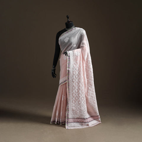 Hand Embroidered Kota Doria Cotton Lucknowi Chikankari Saree with Border 15