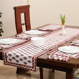 White Sanganeri Print Cotton Table Runner with Mats & Napkins