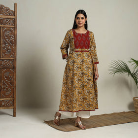 Block Print Mosaic Fusion A-Line Bagru Cotton Yellow Kurta