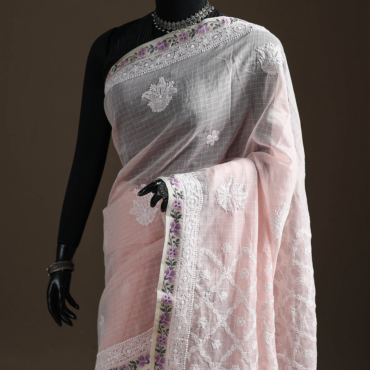 Hand Embroidered Kota Doria Cotton Lucknowi Chikankari Saree with Border 15