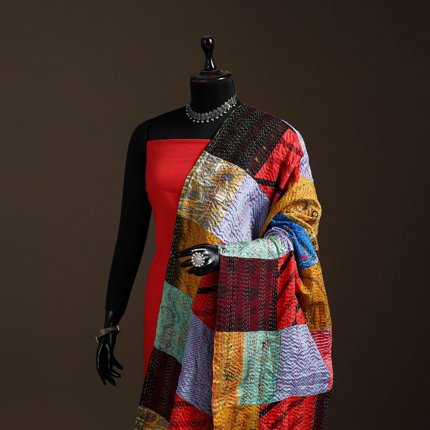 Multicolor - Bengal Hand Embroidery Patchwork Reversible Silk Kantha Dupatta 22