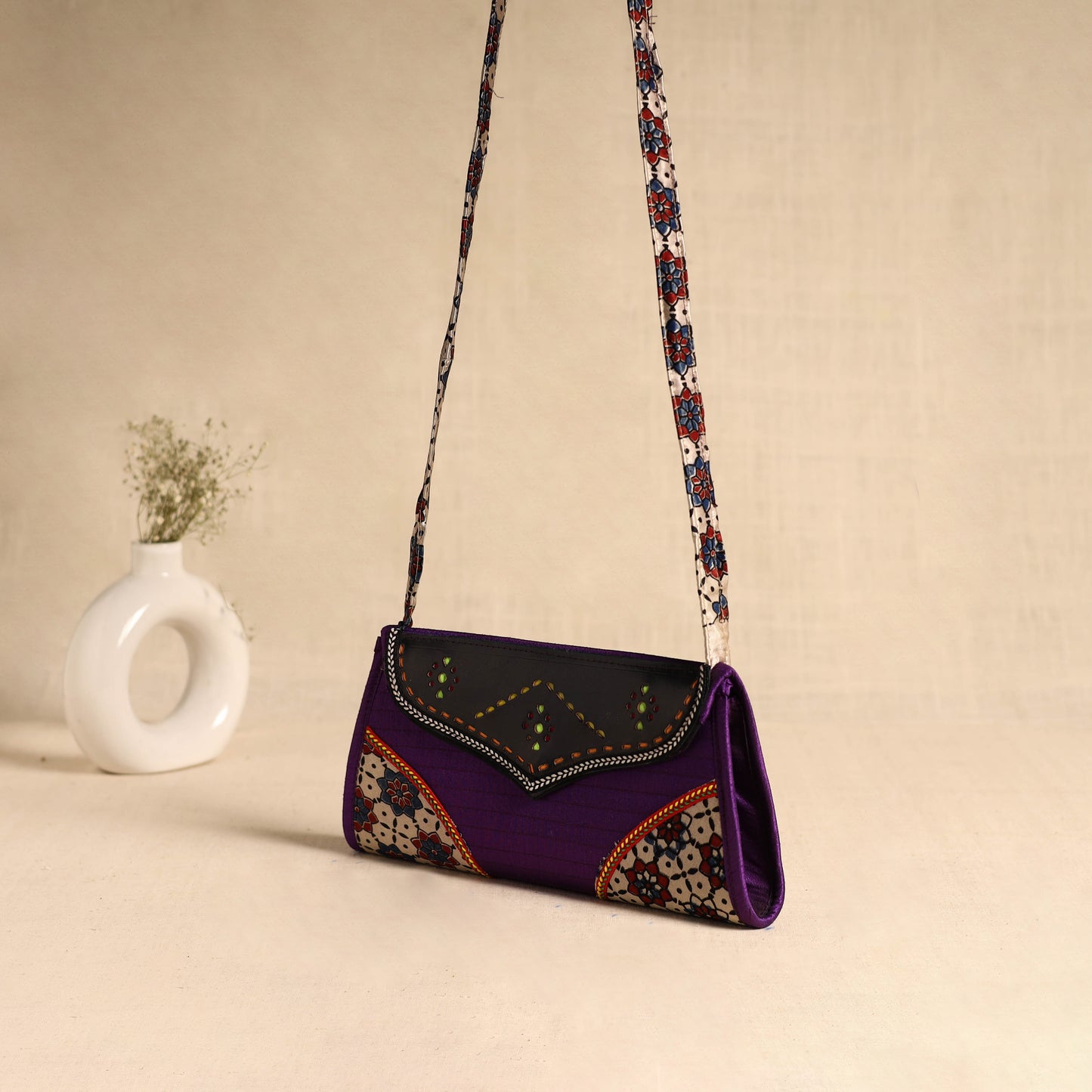 Traditional Kutch Patchwork Silk Leather Flap Sling Bag 28