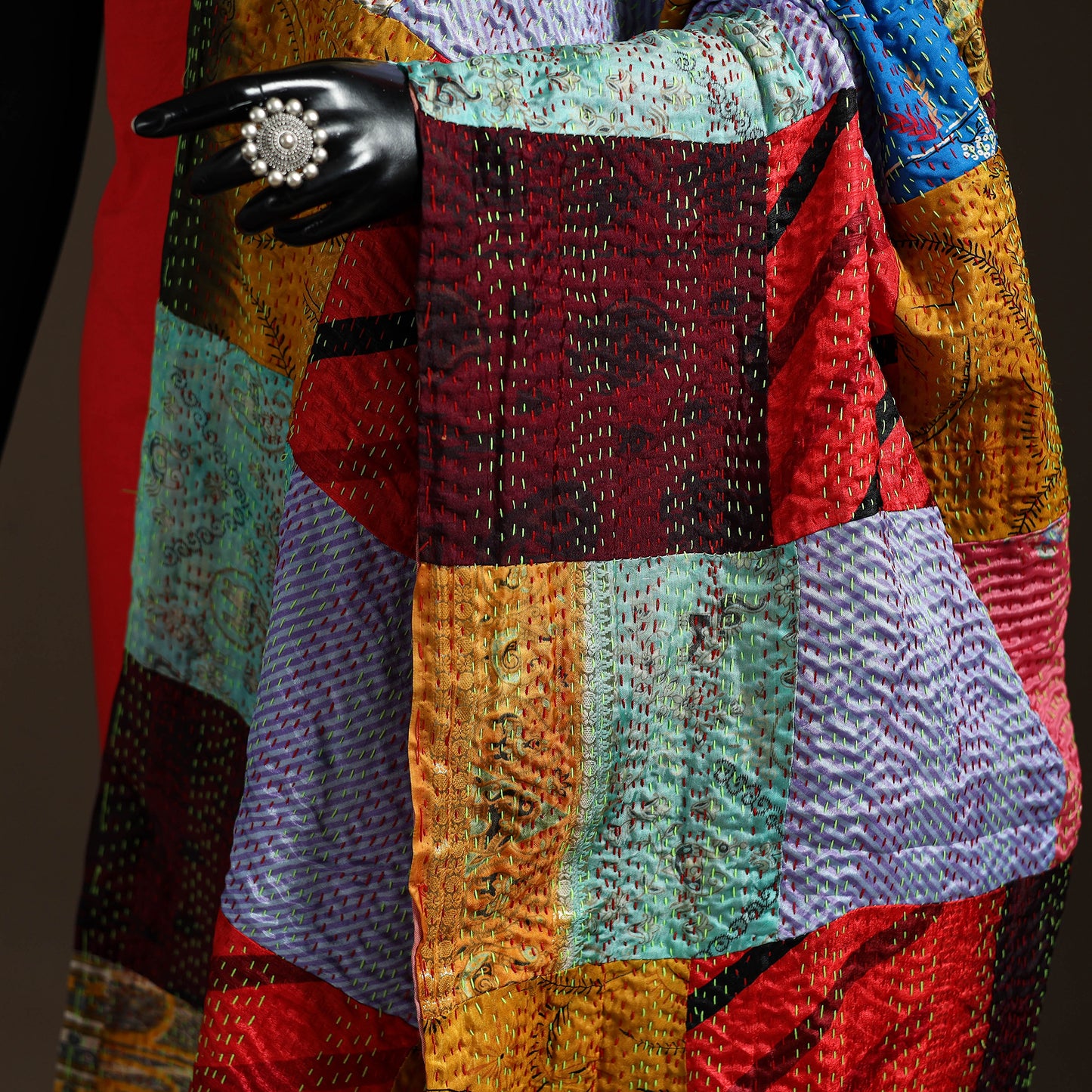 Multicolor - Bengal Hand Embroidery Patchwork Reversible Silk Kantha Dupatta 22