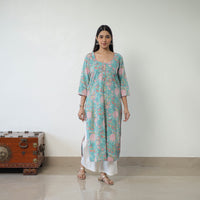 Green - Sanganeri Block Printed Cotton Long Straight Kurta