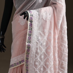Hand Embroidered Kota Doria Cotton Lucknowi Chikankari Saree with Border 15