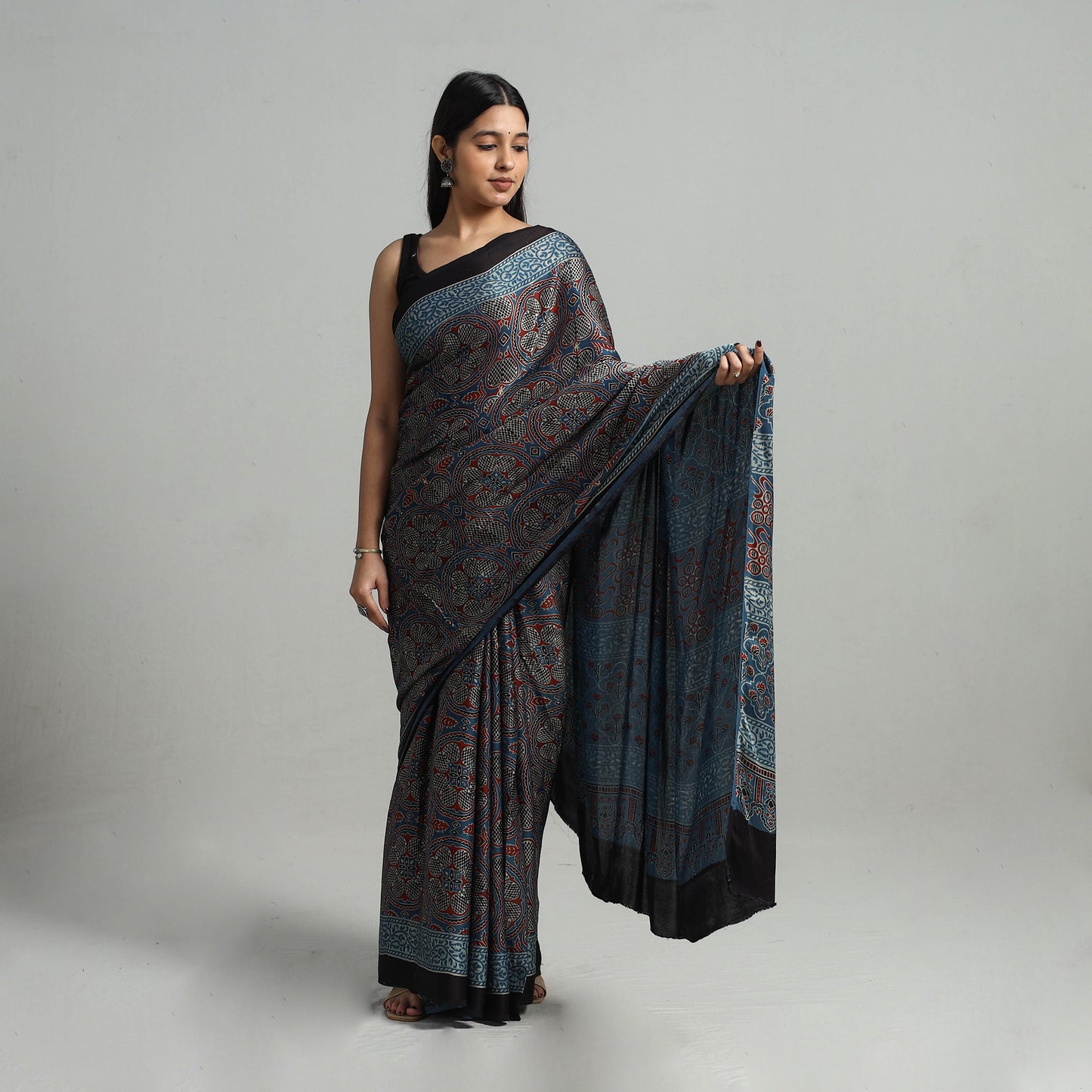 Natural Dyed Hand Block Print Modal Silk Ajrakh Saree 25