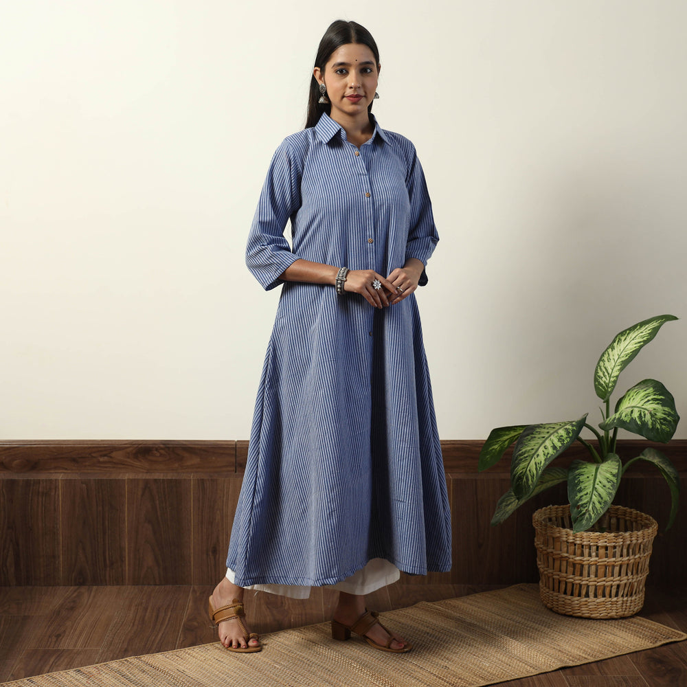 Blue - Jhiri Handloom Cotton A-Line Long Kurta