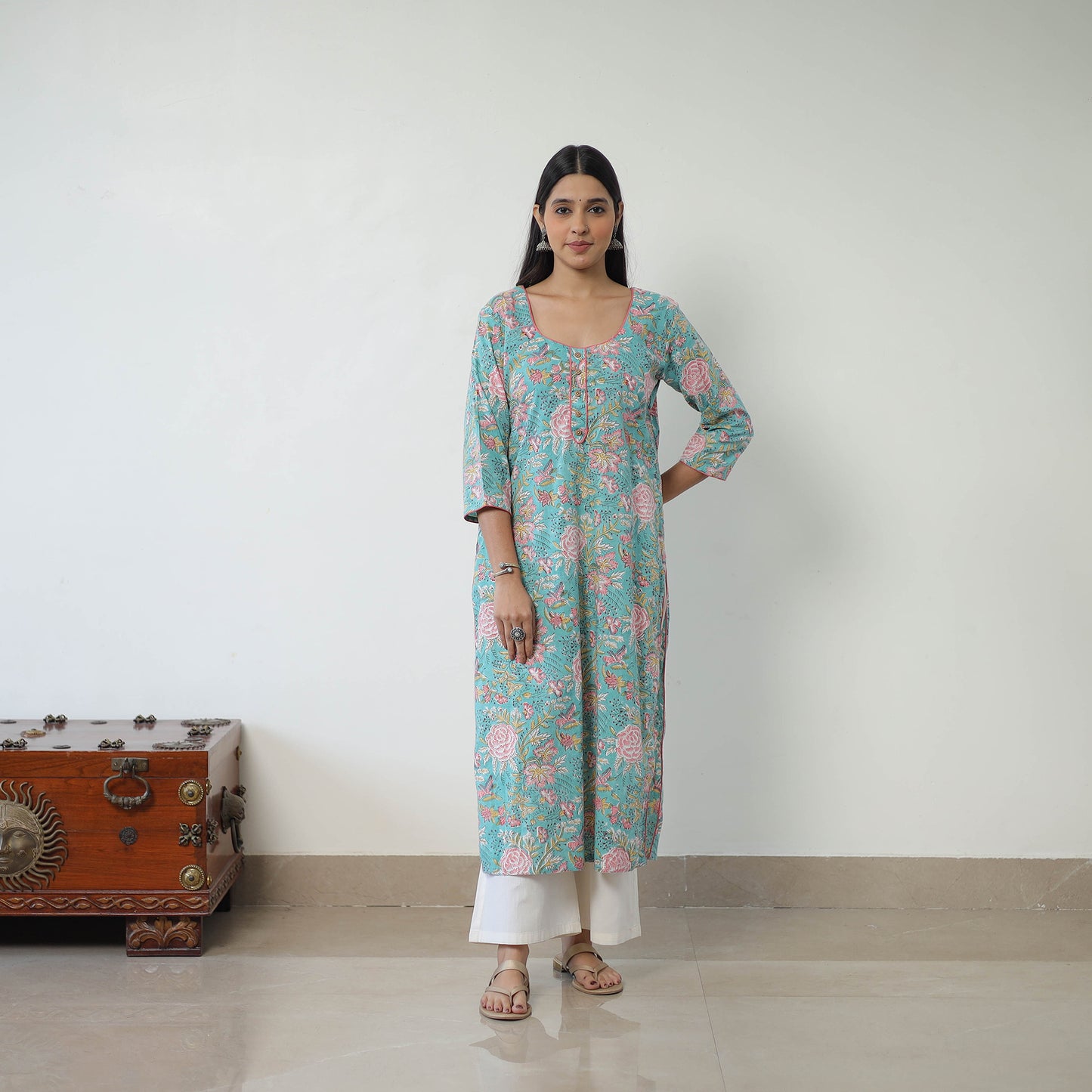 Green - Sanganeri Block Printed Cotton Long Straight Kurta