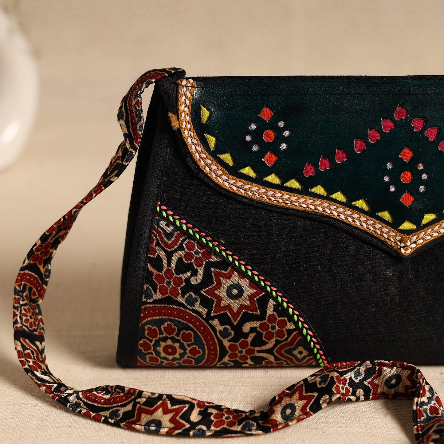 Traditional Kutch Patchwork Silk Leather Flap Sling Bag 29
