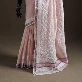 Hand Embroidered Kota Doria Cotton Lucknowi Chikankari Saree with Border 15
