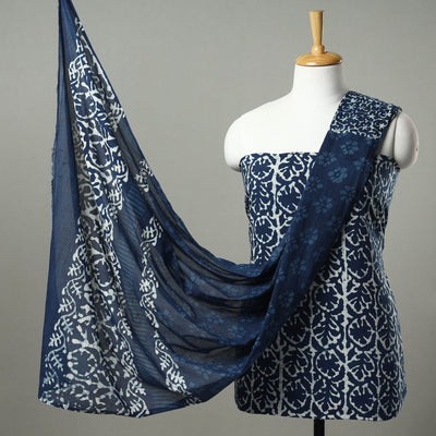 Blue - 3pc Indigo Bagru Block Print Cotton Dress Material Set 01