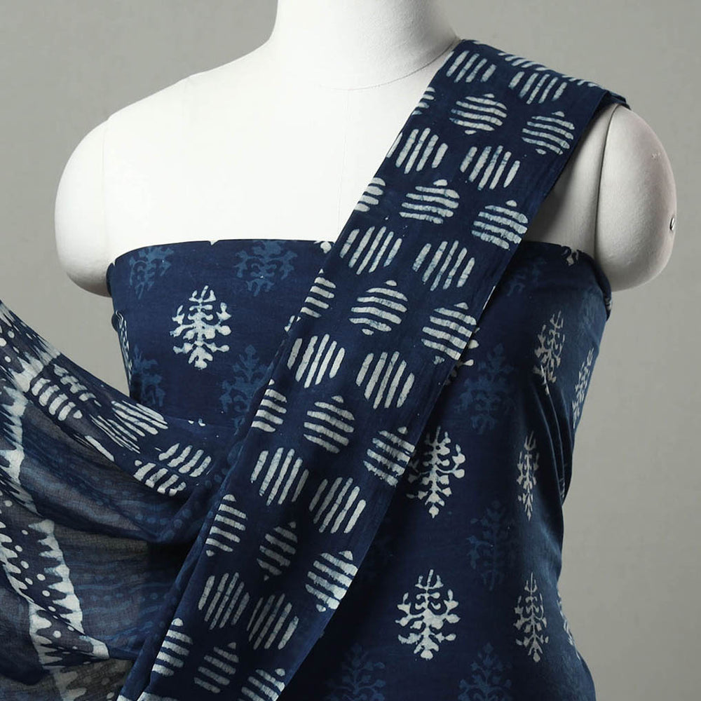 Blue - 3pc Indigo Bagru Block Print Cotton Dress Material Set 02