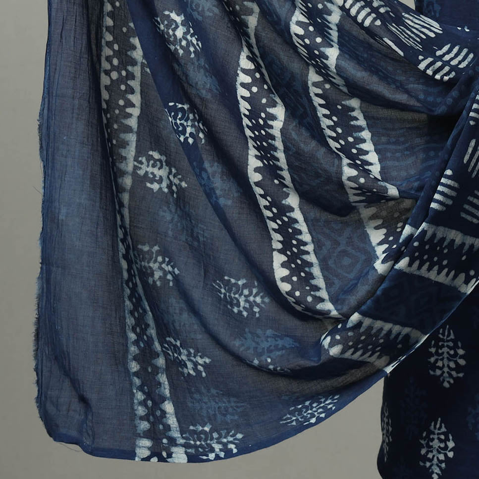 Blue - 3pc Indigo Bagru Block Print Cotton Dress Material Set 02