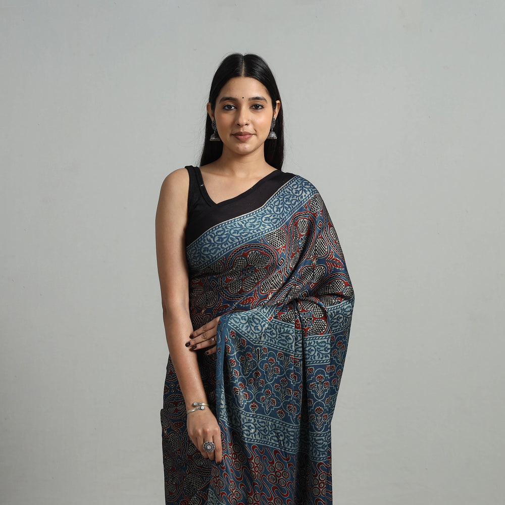 Natural Dyed Hand Block Print Modal Silk Ajrakh Saree 25