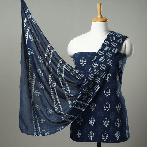 Blue - 3pc Indigo Bagru Block Print Cotton Dress Material Set 02