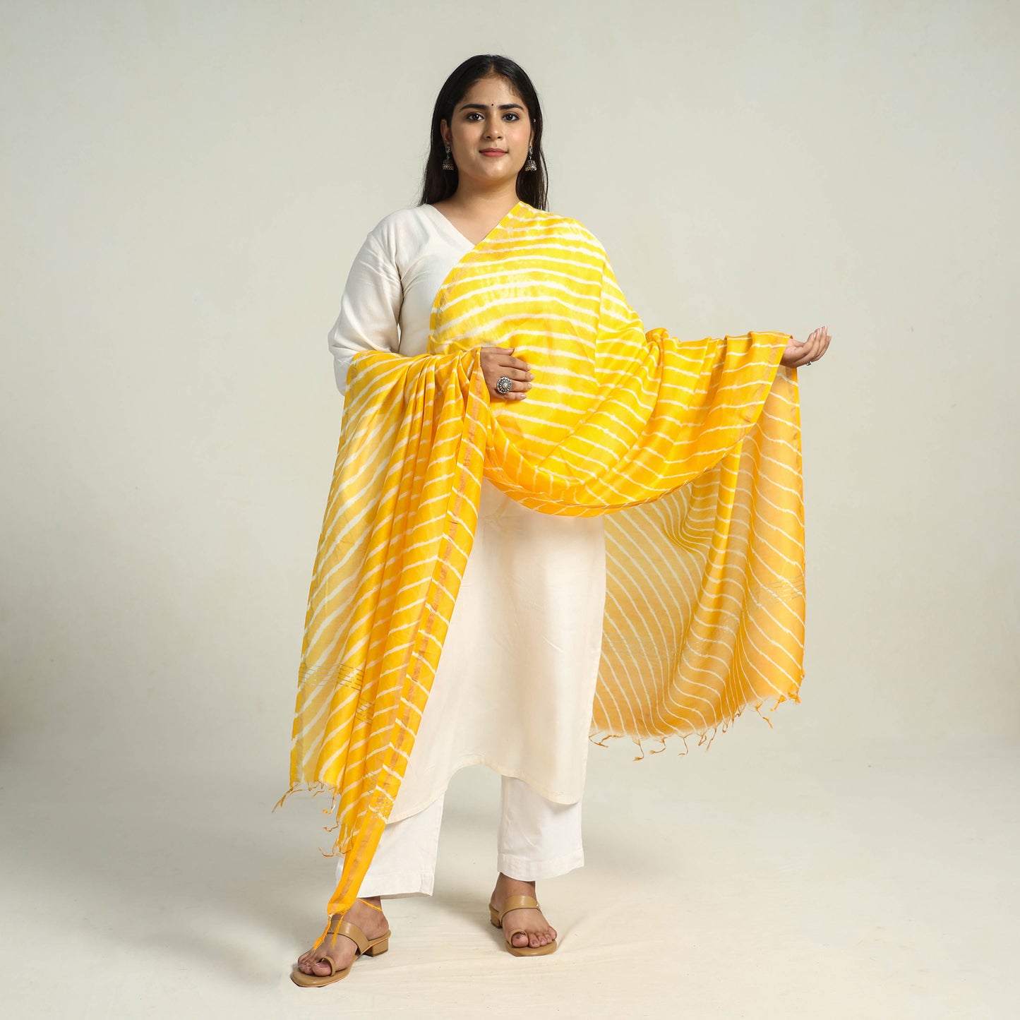 Yellow - Traditional Tie & Dye Chanderi Silk Leheriya Dupatta 34