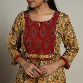 Block Print Mosaic Fusion A-Line Bagru Cotton Yellow Kurta