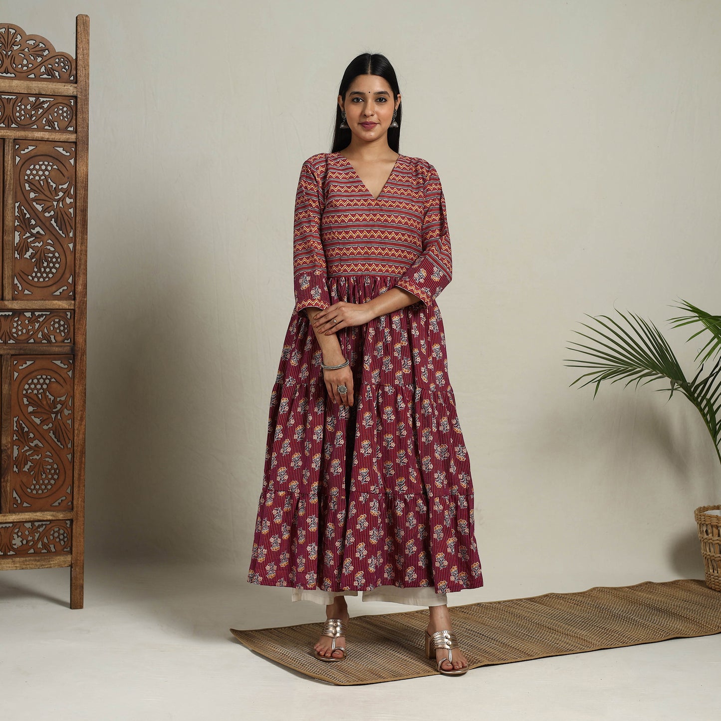 Maroon Mosaic Fusion Tiered Kantha Jaipur Print Cotton Kurta for Women