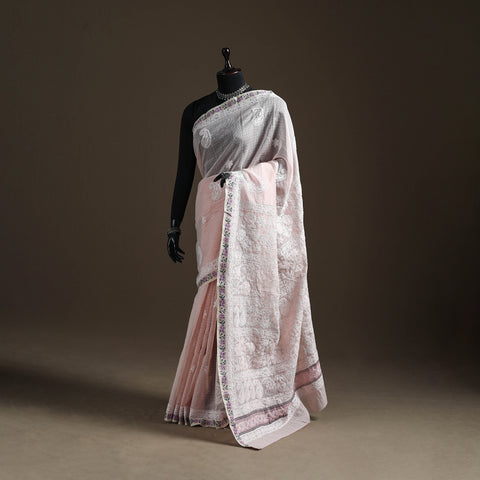 Hand Embroidered Kota Doria Cotton Lucknowi Chikankari Saree with Border 16