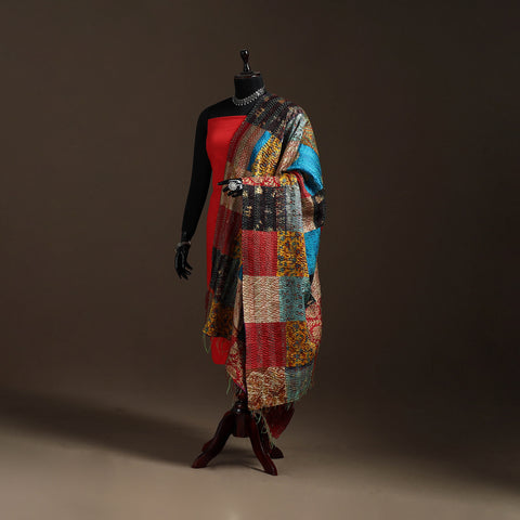 Bengal Hand Embroidery Patchwork Reversible Silk Kantha Dupatta 23