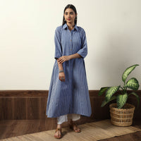 Blue - Jhiri Handloom Cotton A-Line Long Kurta