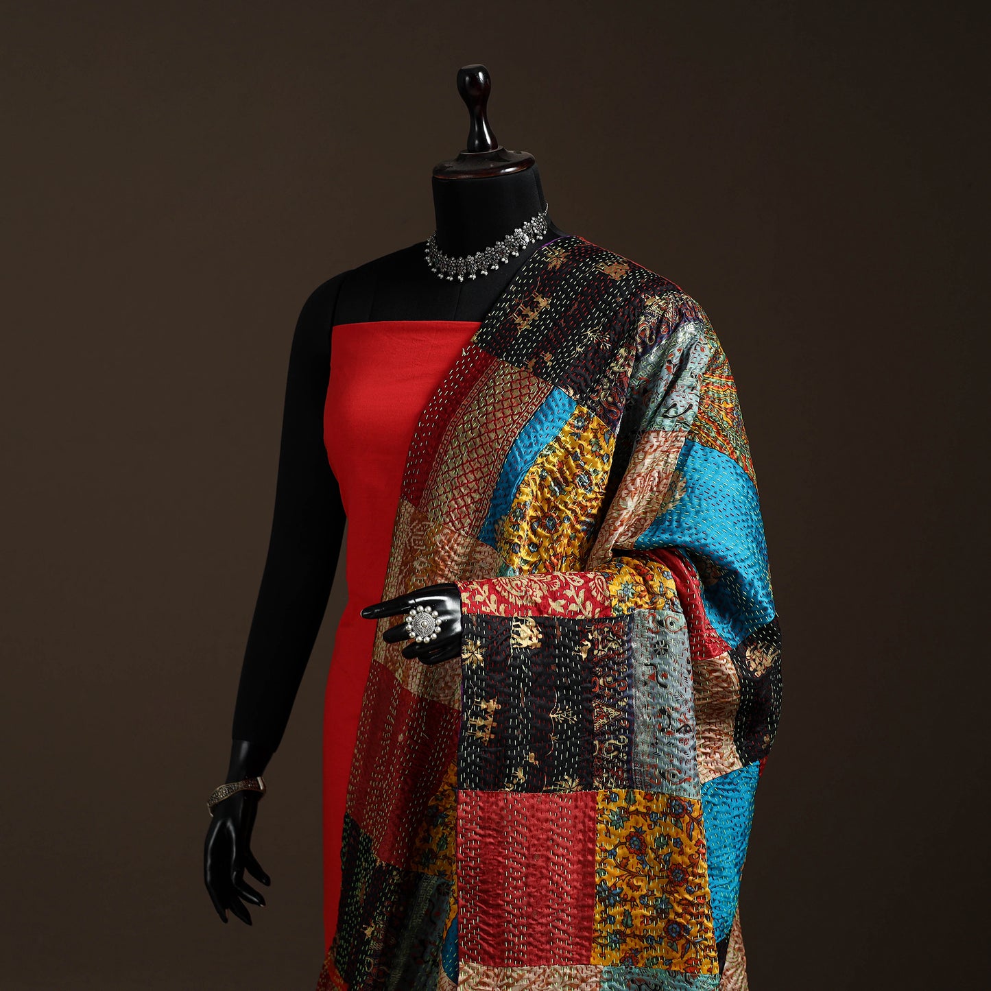 Bengal Hand Embroidery Patchwork Reversible Silk Kantha Dupatta 23