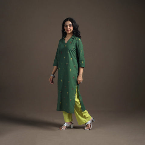 Green - Jacquard Cotton Straight Long Kurta for Women 01