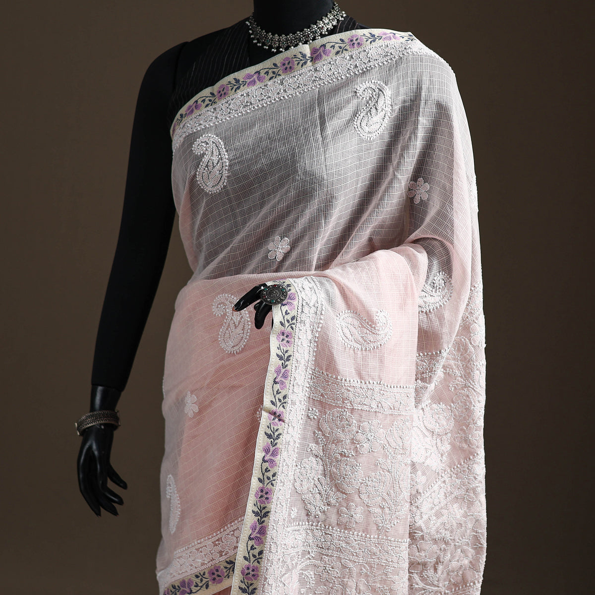 Hand Embroidered Kota Doria Cotton Lucknowi Chikankari Saree with Border 16