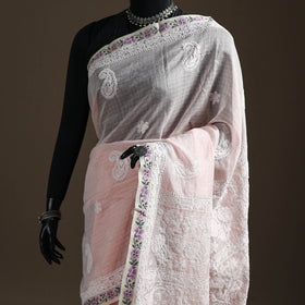 Hand Embroidered Kota Doria Cotton Lucknowi Chikankari Saree with Border 16
