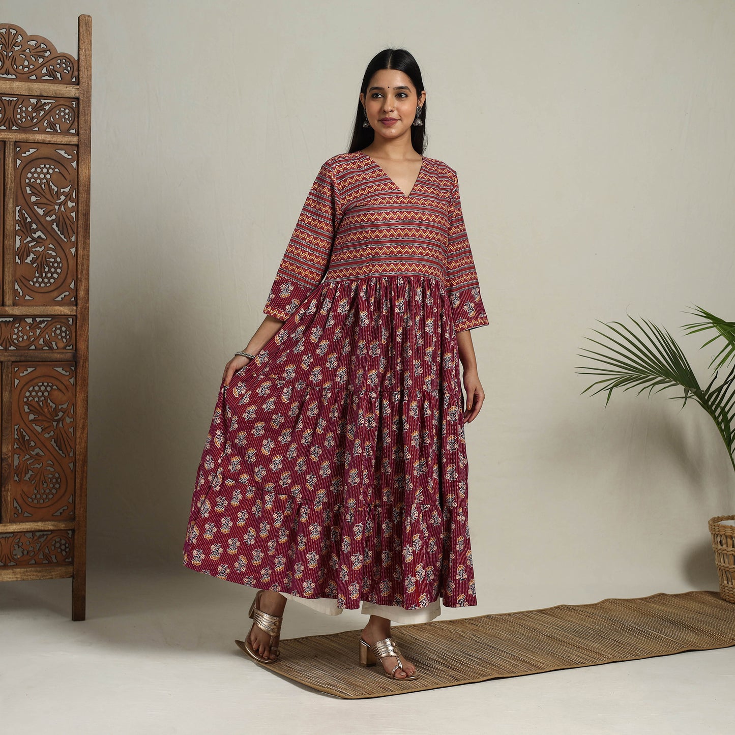 Maroon Mosaic Fusion Tiered Kantha Jaipur Print Cotton Kurta for Women