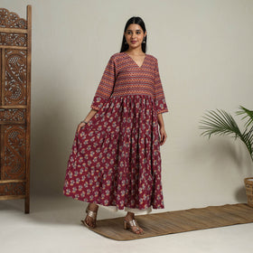 Maroon Mosaic Fusion Tiered Kantha Jaipur Print Cotton Kurta for Women