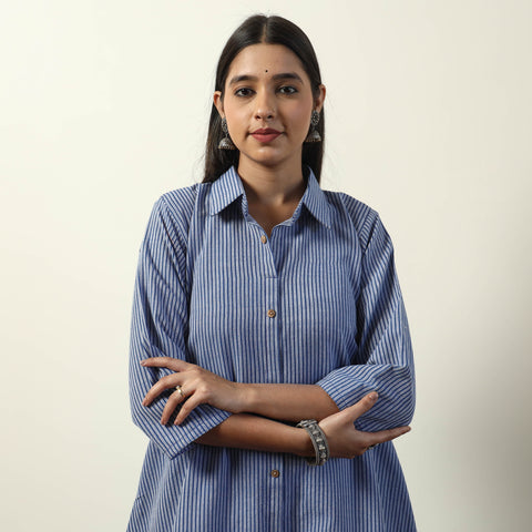 Blue - Jhiri Handloom Cotton A-Line Long Kurta