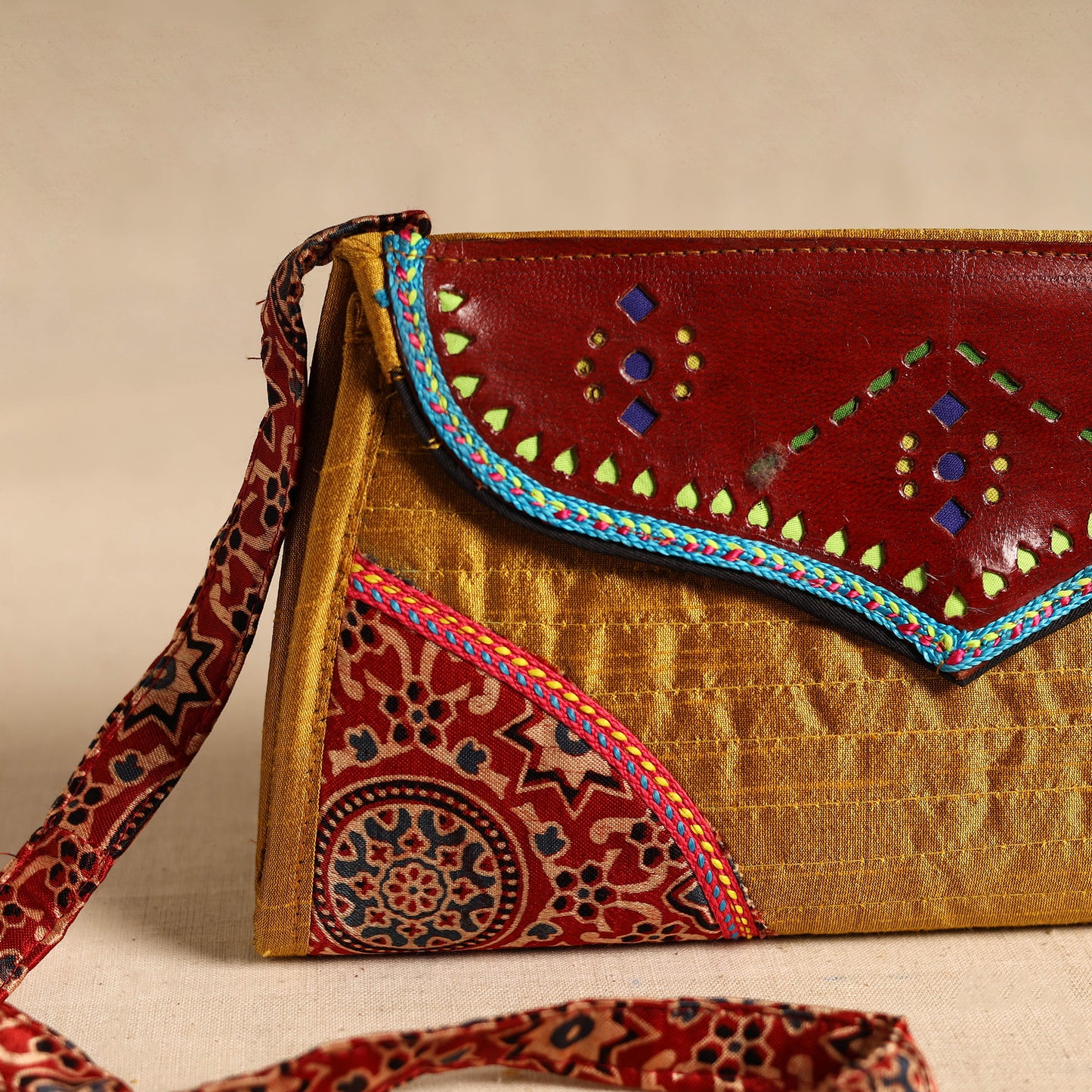 Traditional Kutch Patchwork Silk Leather Flap Sling Bag 30